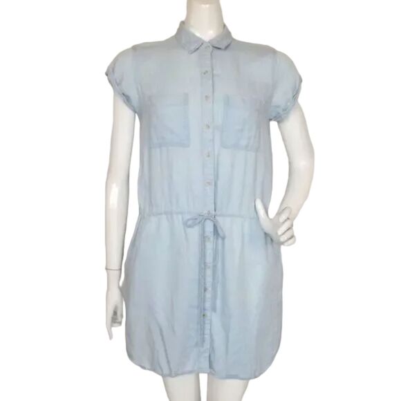 THREAD & SUPPLY Dress, M, Chambray Blue, Button front/Collar, Mini, Drawstring - Picture 1 of 13